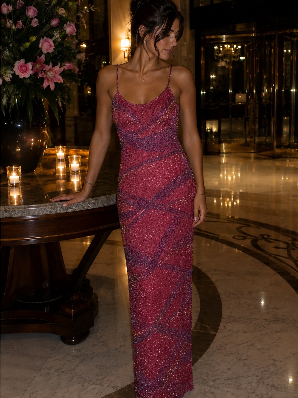 Vintage 90s Adrianna Papell Silk Beaded Evening Gown Magenta Size 6